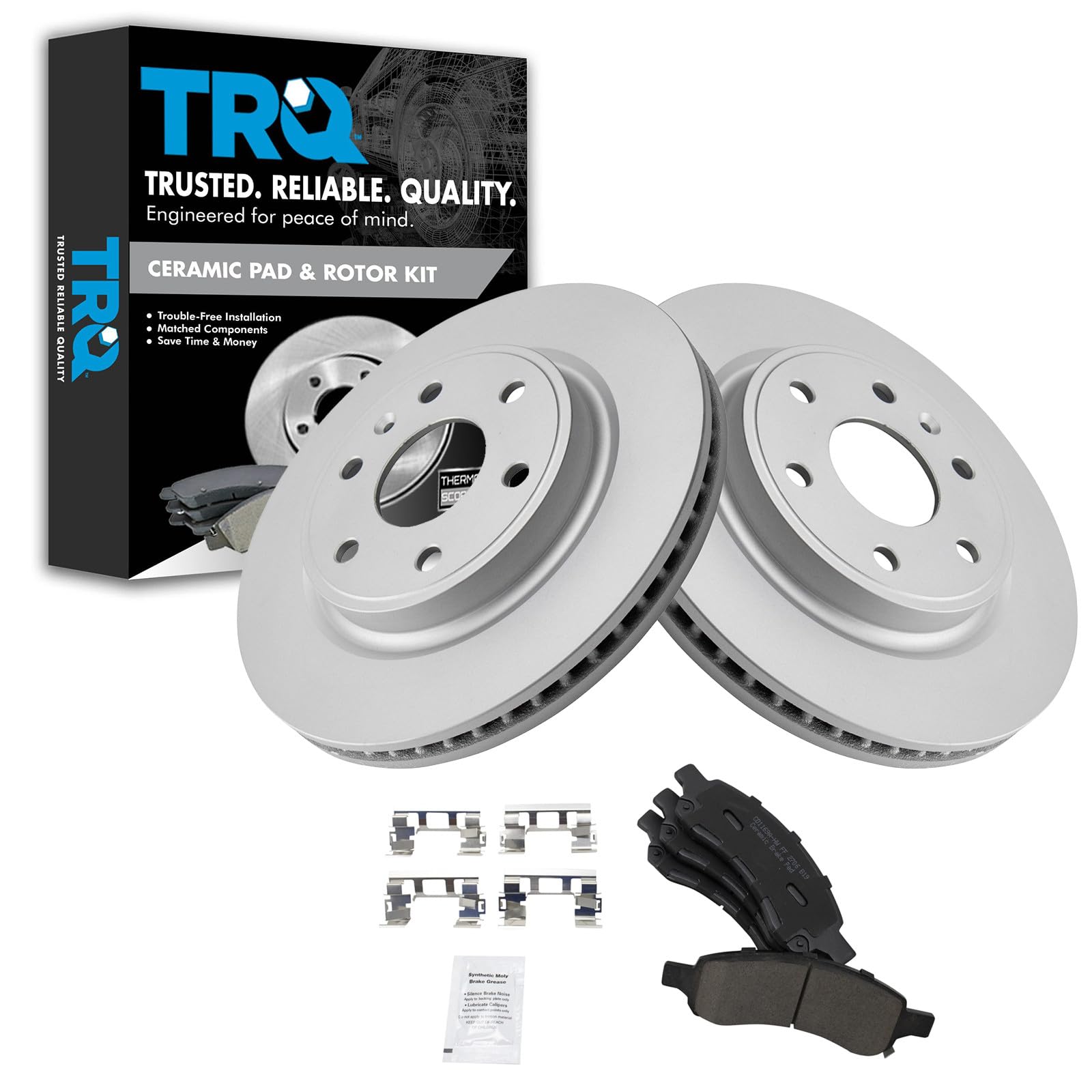 TRQ Front Brake Pad and Rotor Set Ceramic Coated Vented Rotors Compatible with 2008-2017 Buick Enclave 2009-2017 Chevrolet Traverse 2007-2017 GMC Acadia 2017 Acadia Limited 2007-2010 Saturn Outlook Image