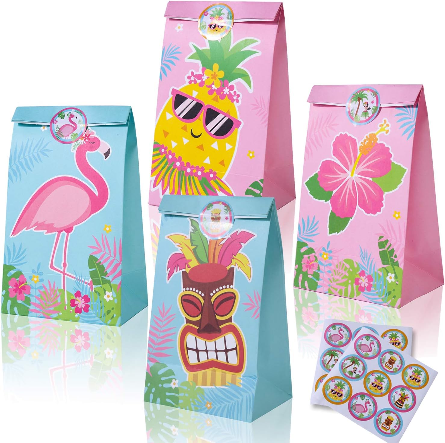 Hawaii Theme Party Paper Gift Bag,Luau Party Treat Bags,20 Pack Flamingo Pineapple Candy Party Goodie Bags with Thank You Stickers for Kids Birthday Party Tropical Baby Shower Summer Decorations