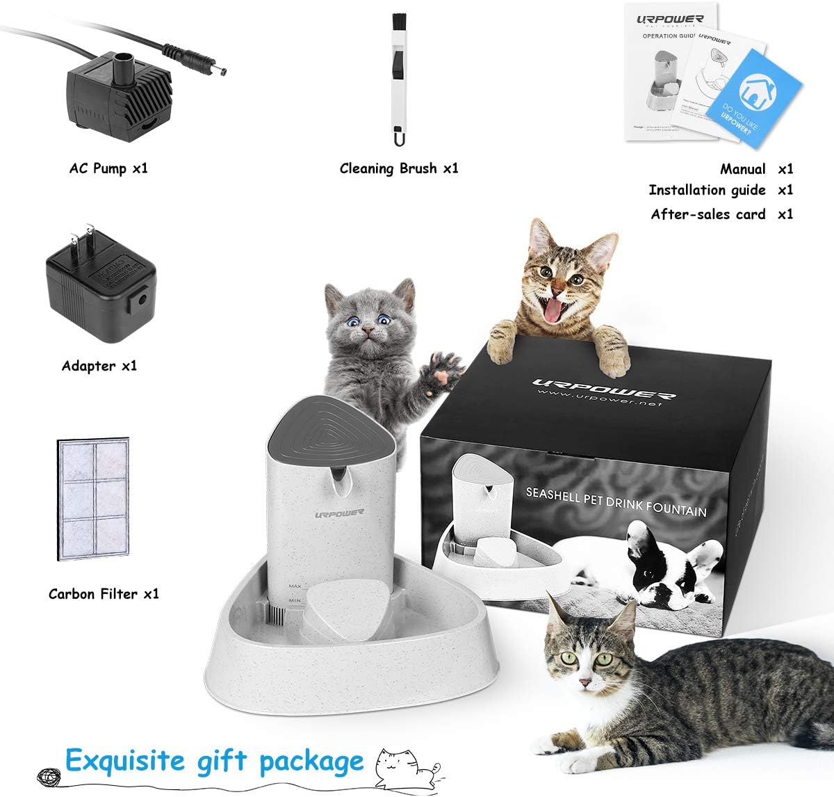 URPOWER Pet Fountain, Upgraded Automatic Cat Fountain Dog Water Fountain Cat Water Dispenser, Adjustable Water Flow Setting Drinking Fountain Cat Bowl for Cats, Dogs, Pets(Gray) : Pet Supplies