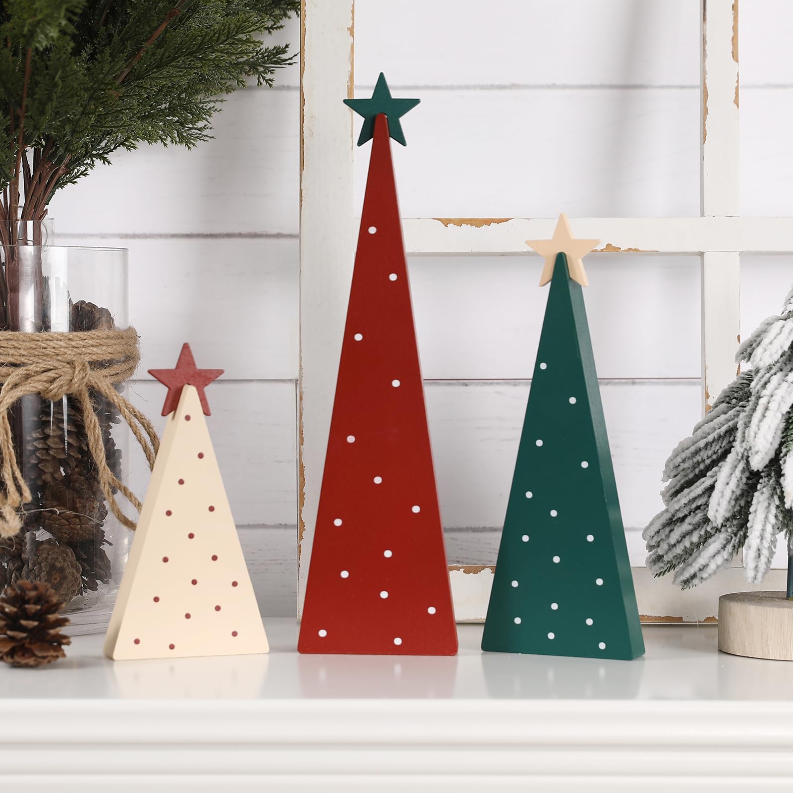Christmas Decorations-Three Sizes Wooden Tree Sign with Star-Christmas Decorations for Home Shelf Mantel Fireplace Table Party Decor
