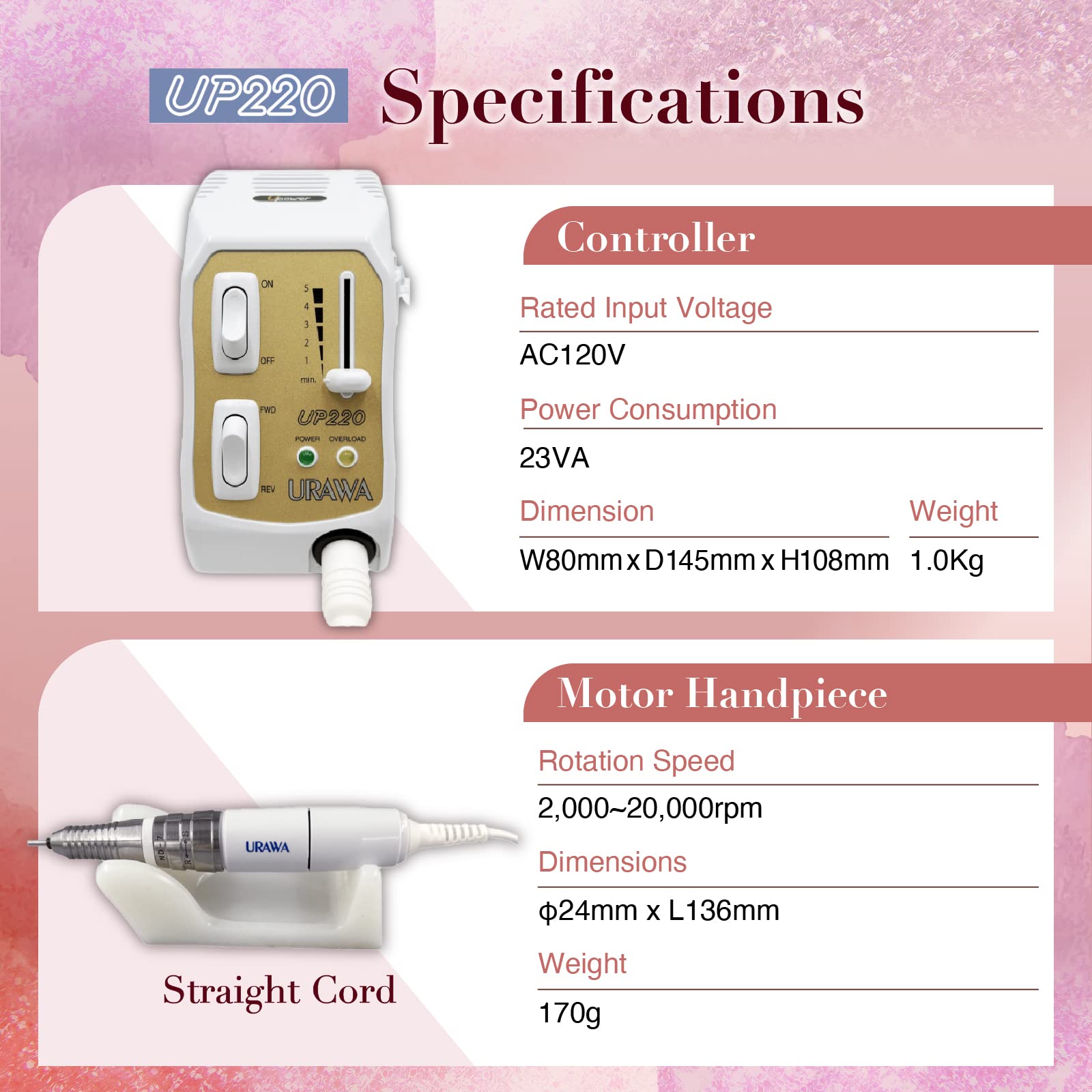 [Upower] UP220 Professional Nail Drill Machine, 20000 RPM Electric File for Nails, Low Noise & Low Vibration, Home and Salon Use (Made in Japan) Produced by URAWA Corp. [White-Blue]