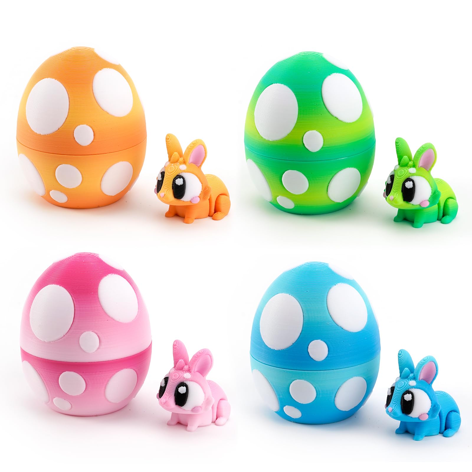 Kohimit 4PCS 3D Printed Easter Rabbits with Eggs, Poseable Bunny Fidget Toys Inside, Easter Basket Stuffers for Kid, Party Favors Ages 6–12