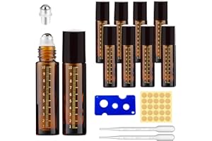 Roller Ball Bottle, 8 Pack Empty Roller Bottles for Essential Oils 10ml, Amber Glass Roller Bottles with Stainless Steel Ball