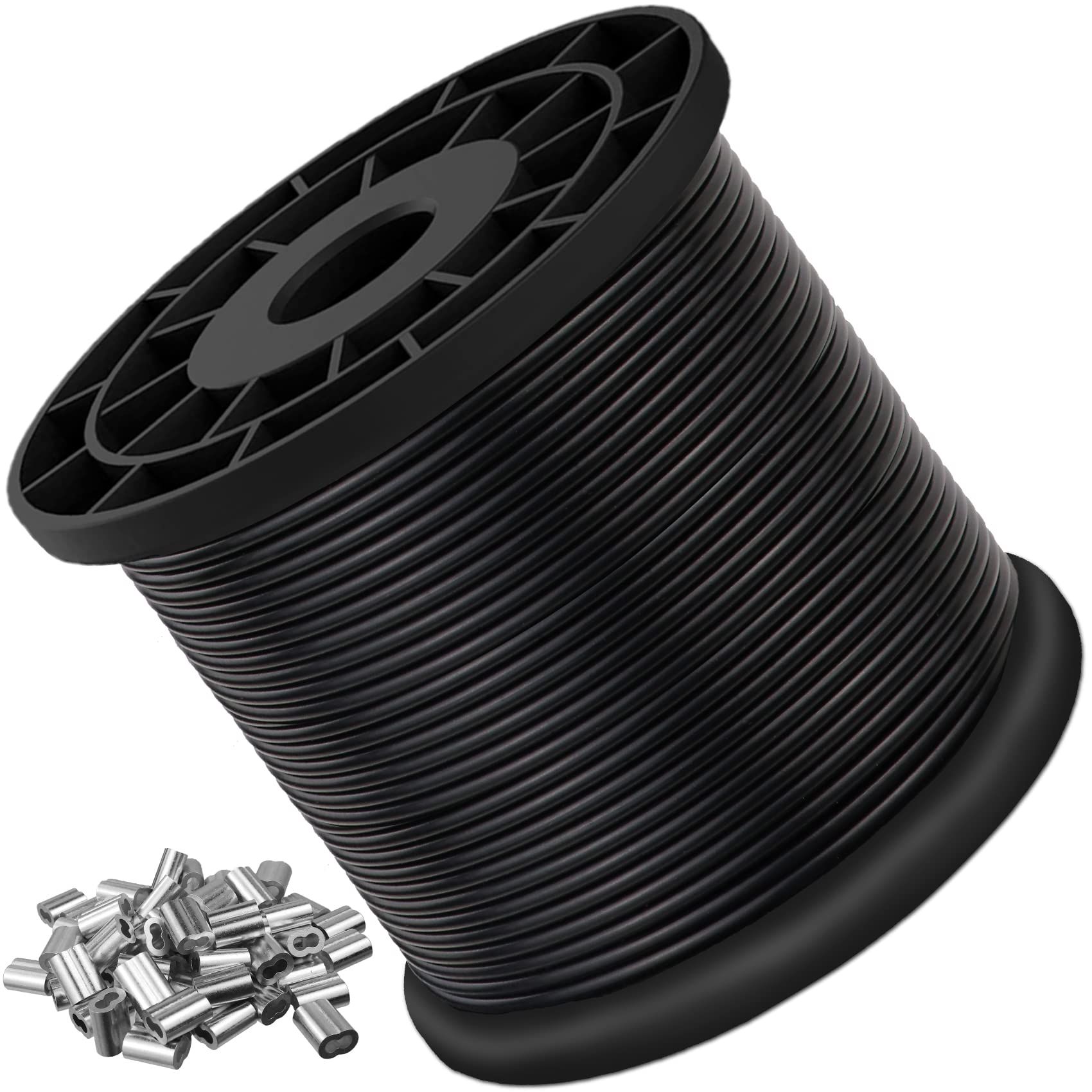 Photo 1 of 304 Stainless Steel Wire Rope Cable, Black Vinyl Coated - Outdoor Light Guide Wire for String Lights, Clotheslines - 1/16 Inch Overmolded to 3/32 Inch, 200ft
