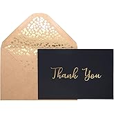 Partay Shenanigans Thank You Cards - Blank 50 Pack Black with Gold Foiled Thank You Printed with 52 Foil Embossed Kraft Envelopes 4" x 6" - for Wedding Bridal Shower Baby Shower Birthday Party