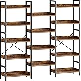 Rolanstar Bookshelf 5 Tiers, Triple Bookcase with Open Display Shelves, Industrial Wide Bookshelf with Metal Frame for Living Room, Office, Rustic Brown