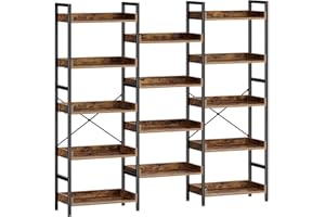 Rolanstar Triple Bookshelf, 5 Tier Industrial Bookshelf with Metal Frame, Rustic Brown Large Bookcase with Open Shelving, Woo