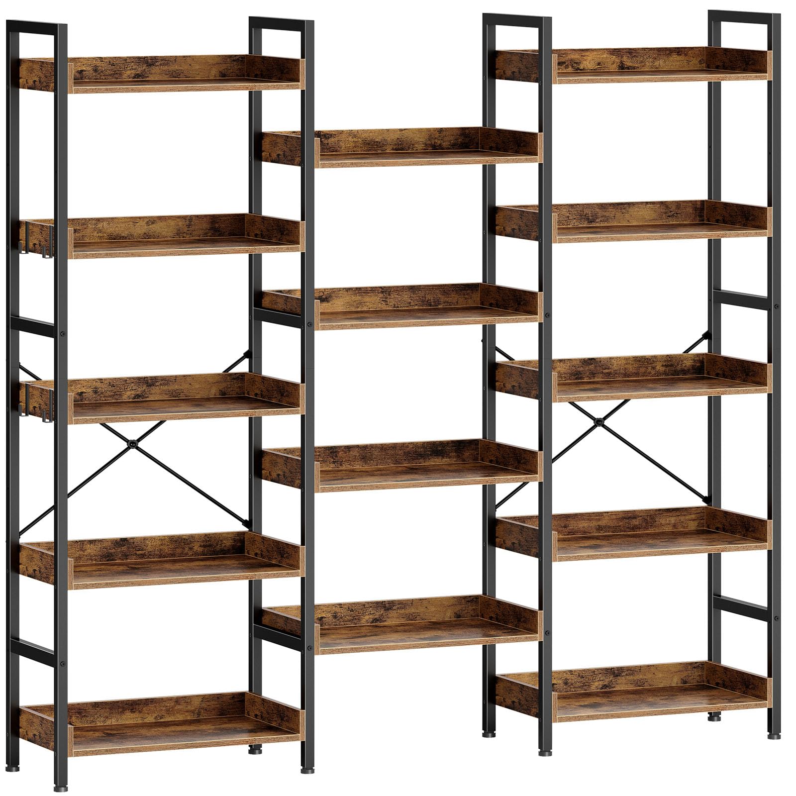 Rolanstar Bookshelf 5 Tiers, Triple Bookcase with Open Display Shelves, Industrial Wide Bookshelf with Metal Frame for Living Room, Office, Rustic Brown Image
