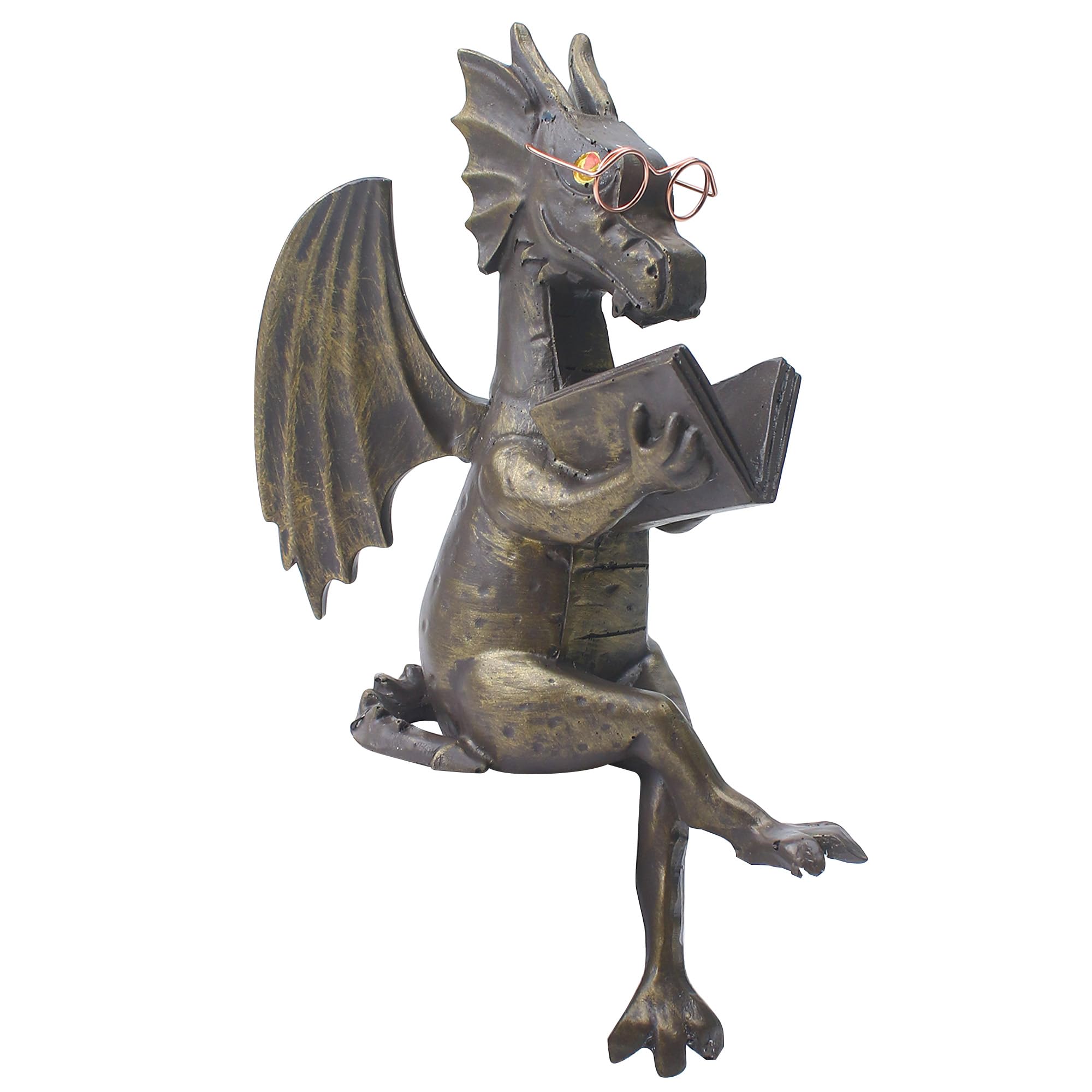 Photo 1 of Dragon Reading Book Statue Figurine Sculpture, Wearing Metal Glass Dinosaur Mini Cute Small Creative Ornament for Garden Bookshelf Decorations Adult Shelf Home Landscaping Outdoor Desktop Housewarming
