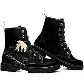 Maimeili Women Printed Ankle Boots with Flower Butterfly Skull Angel Witch Mushroom Plaid Stylish Floral Platform Lace-up Leather Combat Booties Casual Everyday Party Halloween Christmas