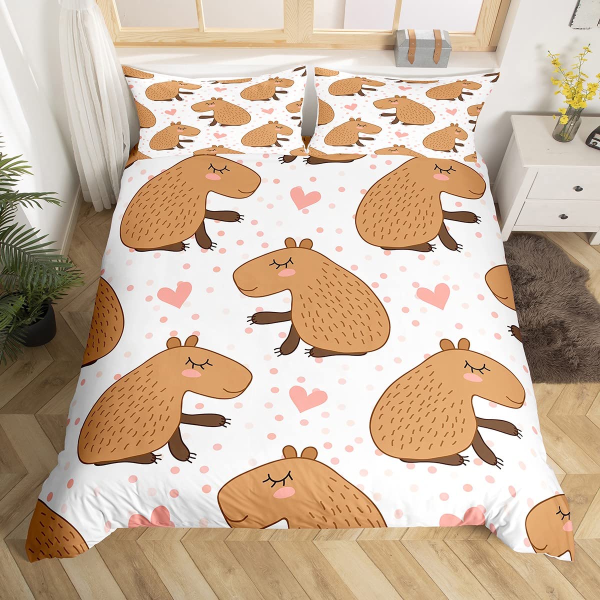 Manfei Capybara Duvet Cover Set Double Size, South America Fauna Comforter Cover with 2 Pillowcases, Pink Hearts Dots Print Bedding Set 3pcs for Kids Boys Girls Room Decor Lightweight Bedspread Cover