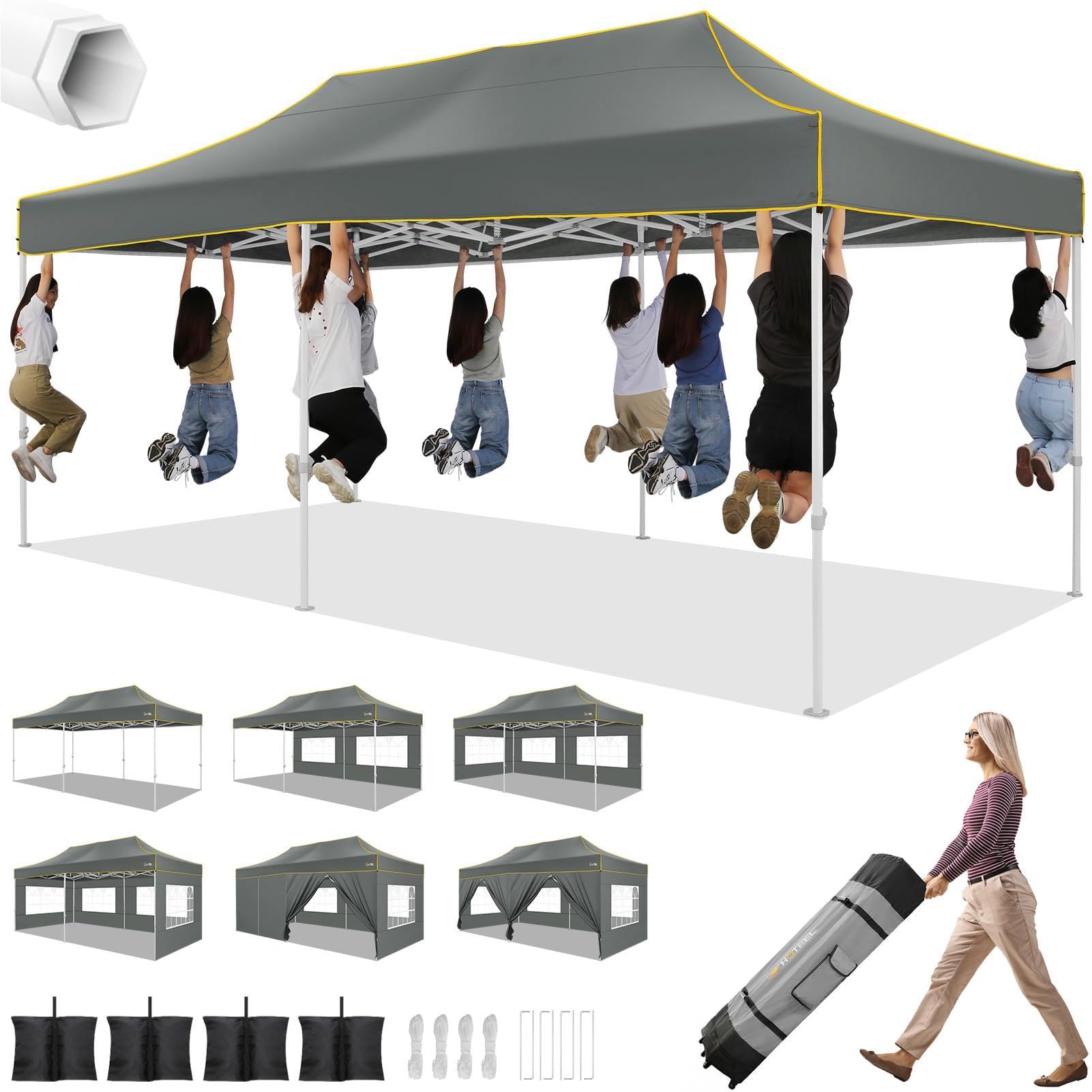 Photo 1 of HOTEEL 10x20 Heavy Duty Pop up Canopy Tent with 6 Sidewalls, Easy Setup Outdoor Commercial Instant Gazebo for Parties Wedding Event, with Roller Bag & Sand Bags, Gray(Hexagonal Frame)