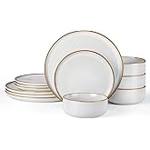 E-far Plates and Bowls Set for 4, 12-Piece Stoneware Dinnerware Sets, Ceramic Dinning Ware Reactive Glaze Dishes Set, Microwave & Dishwasher Safe - Seashell White