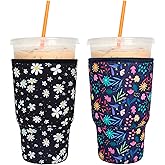 2 Pack Reusable Iced Coffee Sleeves - FRRIOTN Insulator Sleeve for Cold Beverages, Neoprene Coffee Cup Holder (Flower, Large 32oz)