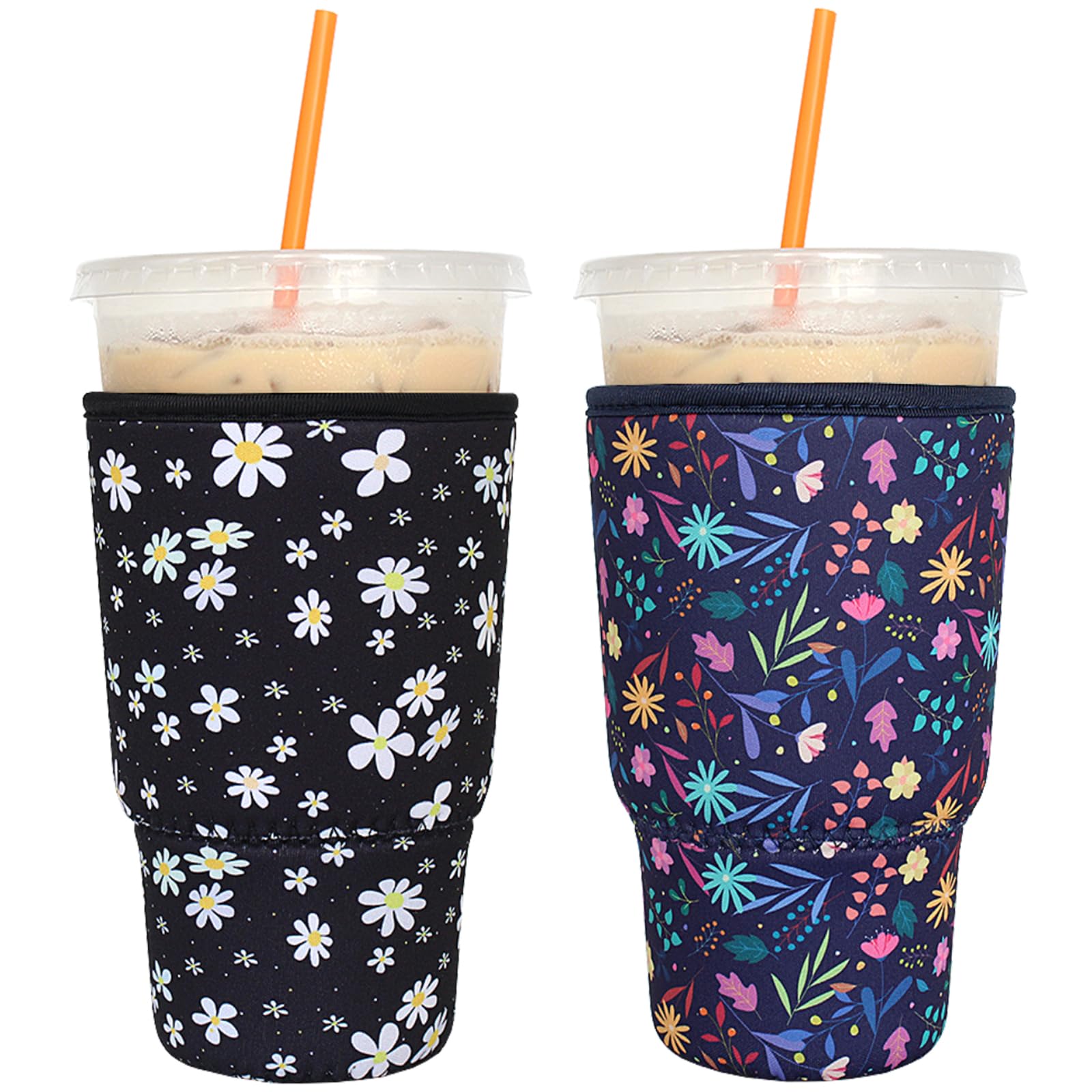 Photo 1 of 2 Pack Reusable Iced Coffee Sleeves - FRRIOTN Insulator Sleeve for Cold Beverages, Neoprene Coffee Cup Holder (Flower, Large 32oz)