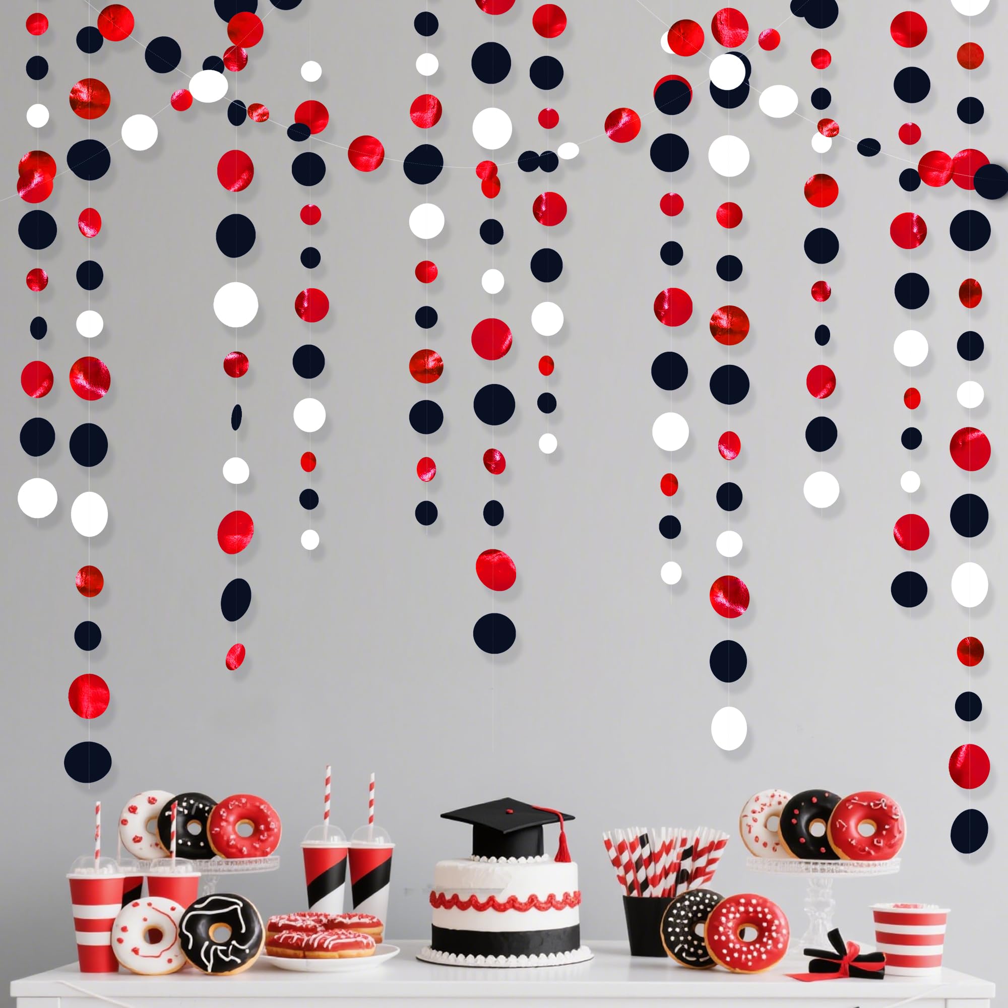 Photo 1 of 46 Ft Red Black and White Circle Dots Garland Hanging Paper Polka Dots Streamer for Graduations Birthday Bachelorette Engagement Wedding Bridal Shower Holiday Casino Poker Pirate Party Decorations