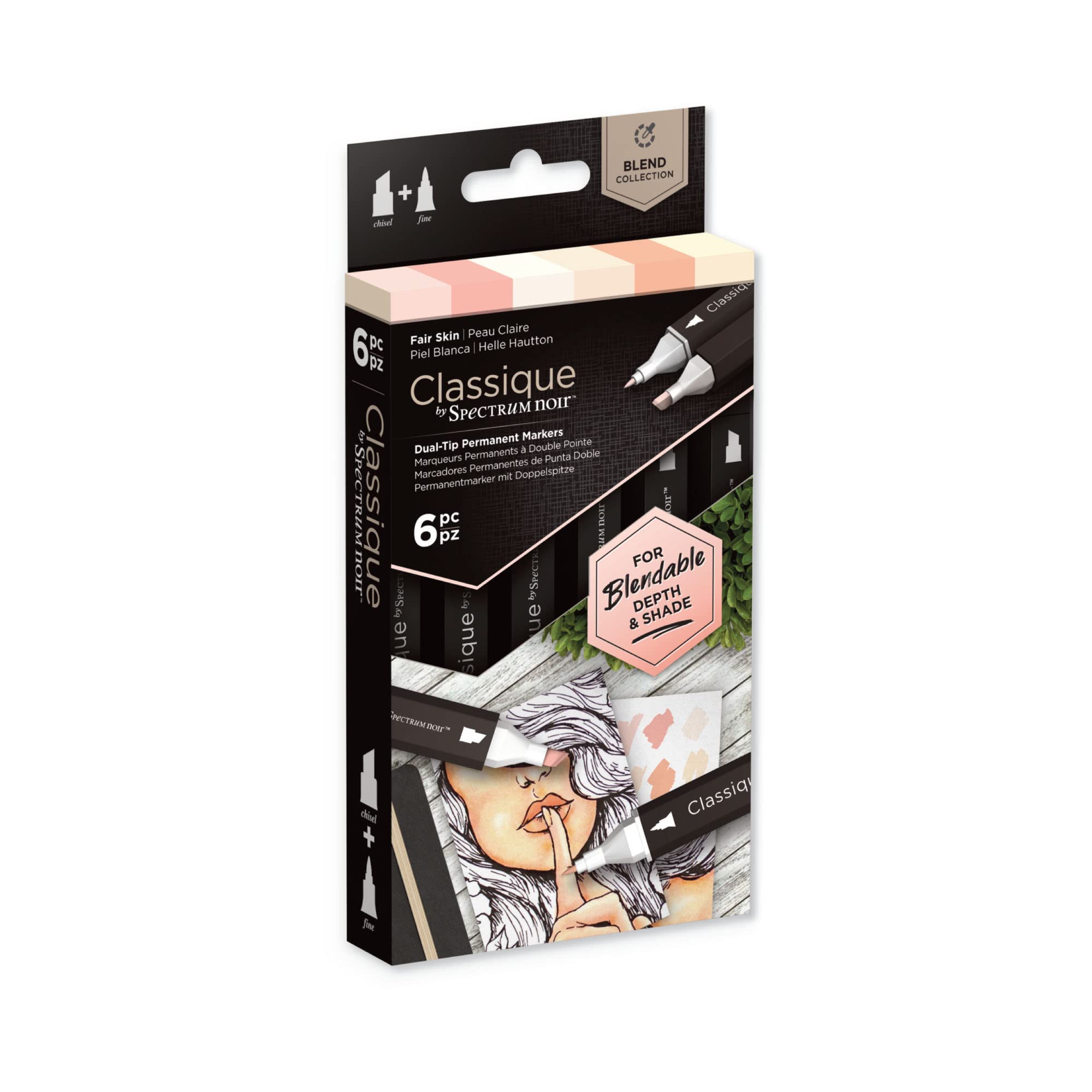 Crafter's Companion Spectrum Noir Classique Blend Twin Tip Blendable Alcohol Based Marker Set with Japanese Nibs - Pack of 6 - Perfect for Colouring, Drawing & Illustration (Fair Skin Pack)