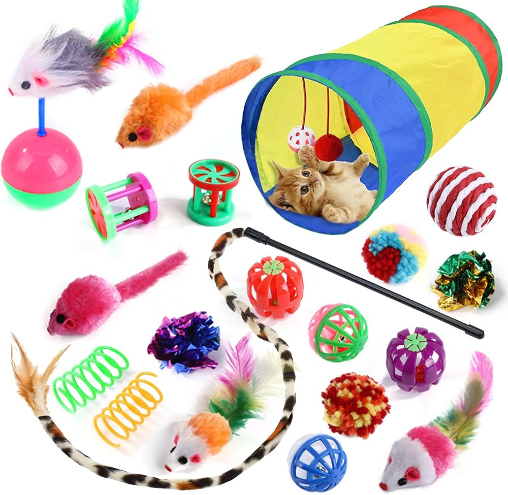 Wefine 20 Pcs Cat Toys Indoor Collapsible Tunnel Interactive Feather Wand Balls