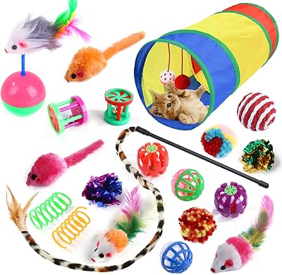 Wefine 20 Pcs Cat Toys Indoor Collapsible Tunnel Interactive Feather Wand Balls