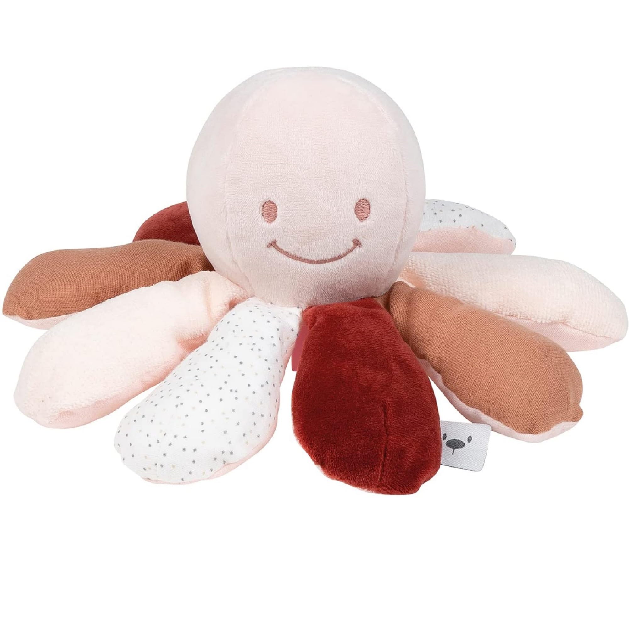 Nattou Pram Toy 8-Activity Plush Octopus, Soft Toy, Cuddly Companion, Cotton/Polyester, Machine Washable, PETA-Approved Vegan, 0+ years, 25 cm, Pink and Rust