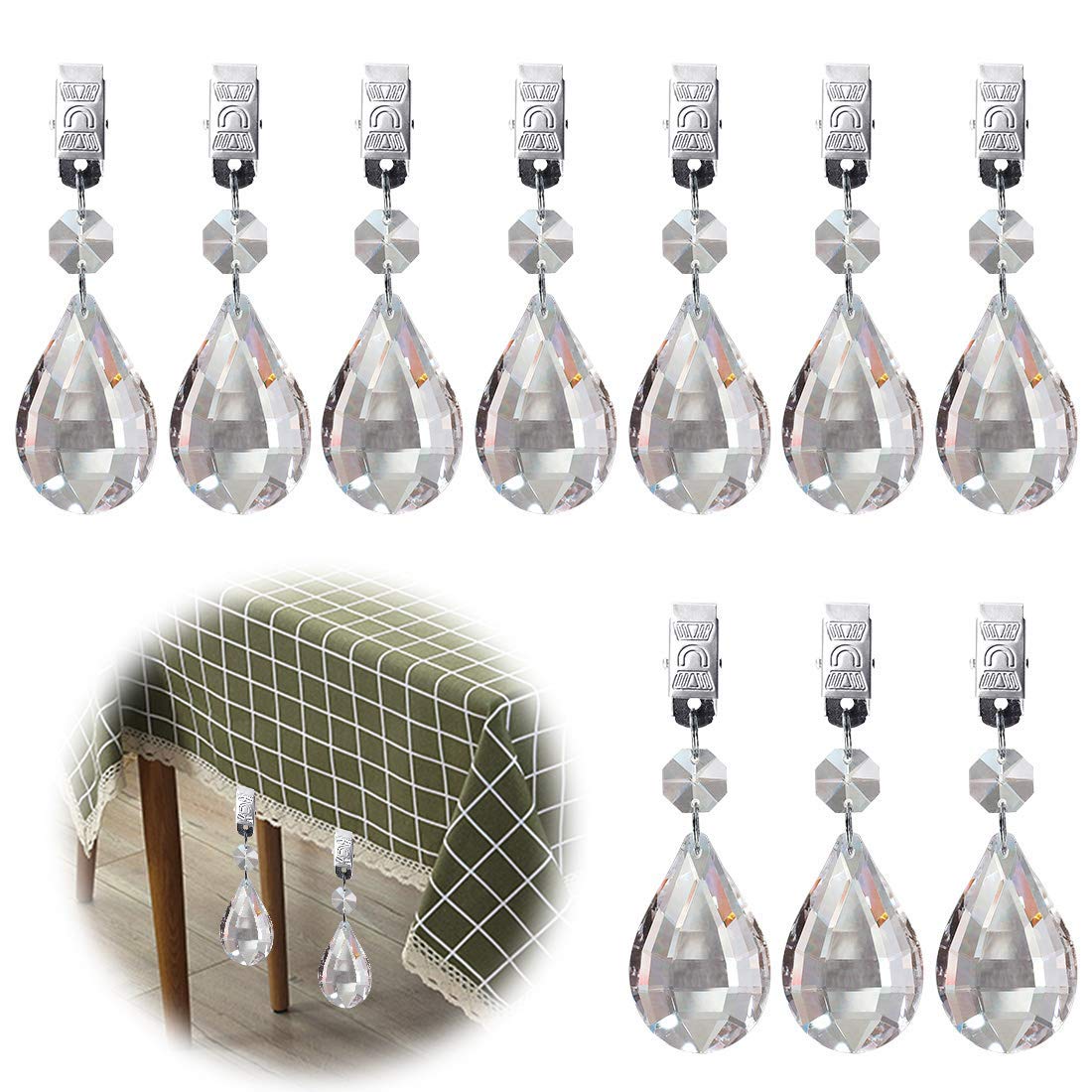 Glarks Metal Clip Tablecloth Weights Set, 10Pcs AB Crystal Glass Teardrop Prisms Pendant for Outdoor Picnic Tables