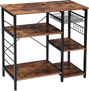 YMYNY Industrial Kitchen Baker’s Rack, Microwave Oven Stand 3-Tier Kitchen Organizer Workstation, Utility Storage Shelf Coffee Bar with 6 Hooks, Easy Assembly, Rustic Brown UHTMJ021H