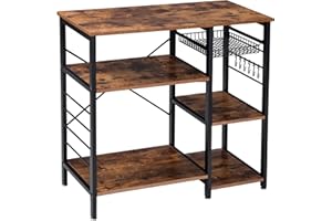 YMYNY Baker’s Rack, Coffee Bar Table Station, Microwave Oven Stand, Multifunctional Kitchen Organizer Workstation, Utility Storage Shelf Rack with 6 S-Hooks, Rustic Brown, 35.4*33.1*15.75 " UHTMJ021H