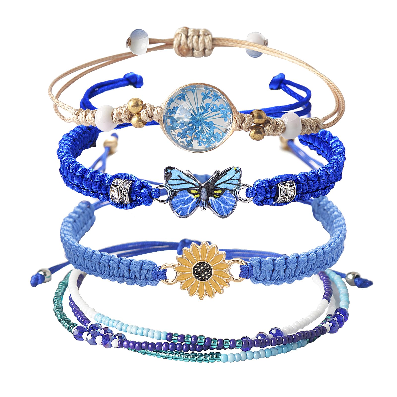 DS 4PCS String beads Charm Bracelets for Teen Girls Dainty cute cartoon Butterfly Daisy Eternal flower Beads Bracelets set for woman and girls Adjustable Stretch bracelet birthday Gift For Friends