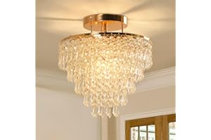 FRIXCHUR 11.8" Crystal Chandelier Gold Flush Mount Ceiling Light 5 Tiers Raindrops Crystals Pendant Lighting Fixture for Bedroom Hallway Living Room E26 Base