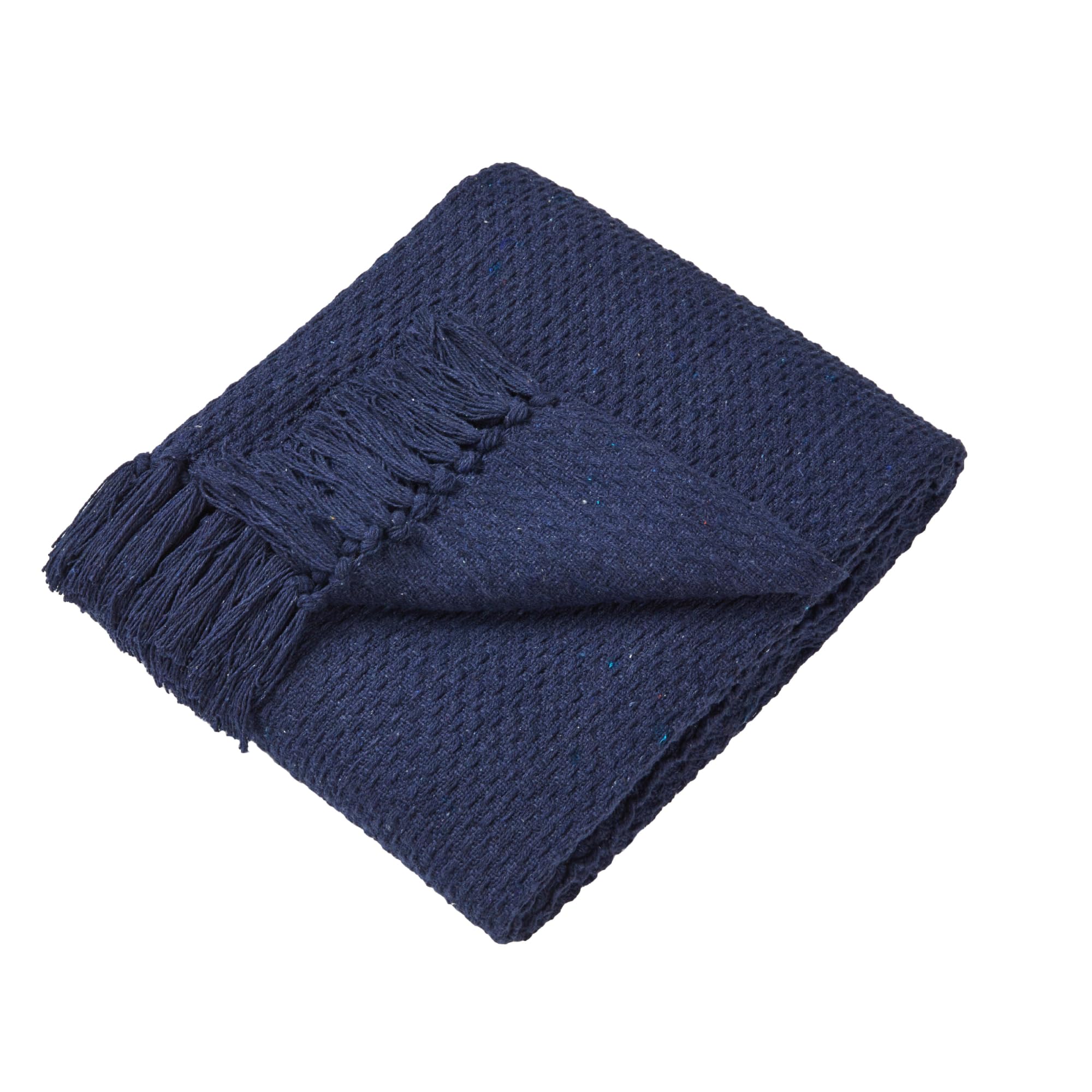 Drift Home - Navy Throw with Tassel - Sustainable Recycled Cotton - Woven Textured Sofa Throw Blanket - Extra Large (200 x 200cm)