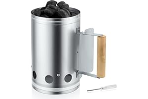 Leonyo Charcoal Chimney Starter, Heavy Duty BBQ Chimney Starter Perfect for Charcoal Grill and BBQ, Sturdy and Easy to Use BBQ Grill Tool for Rapid Fire Starter, Heat Resistant Wooden Handle, Silver
