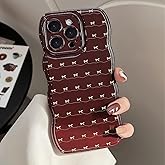 XEEQKASE Wavy Frame Phone Case for iPhone 16 Pro Max,Wine Red/Bow Pattern,Soft Cute Stylish Wave Frame Design Anti-Slip Protective Phone Cover for Girls Women