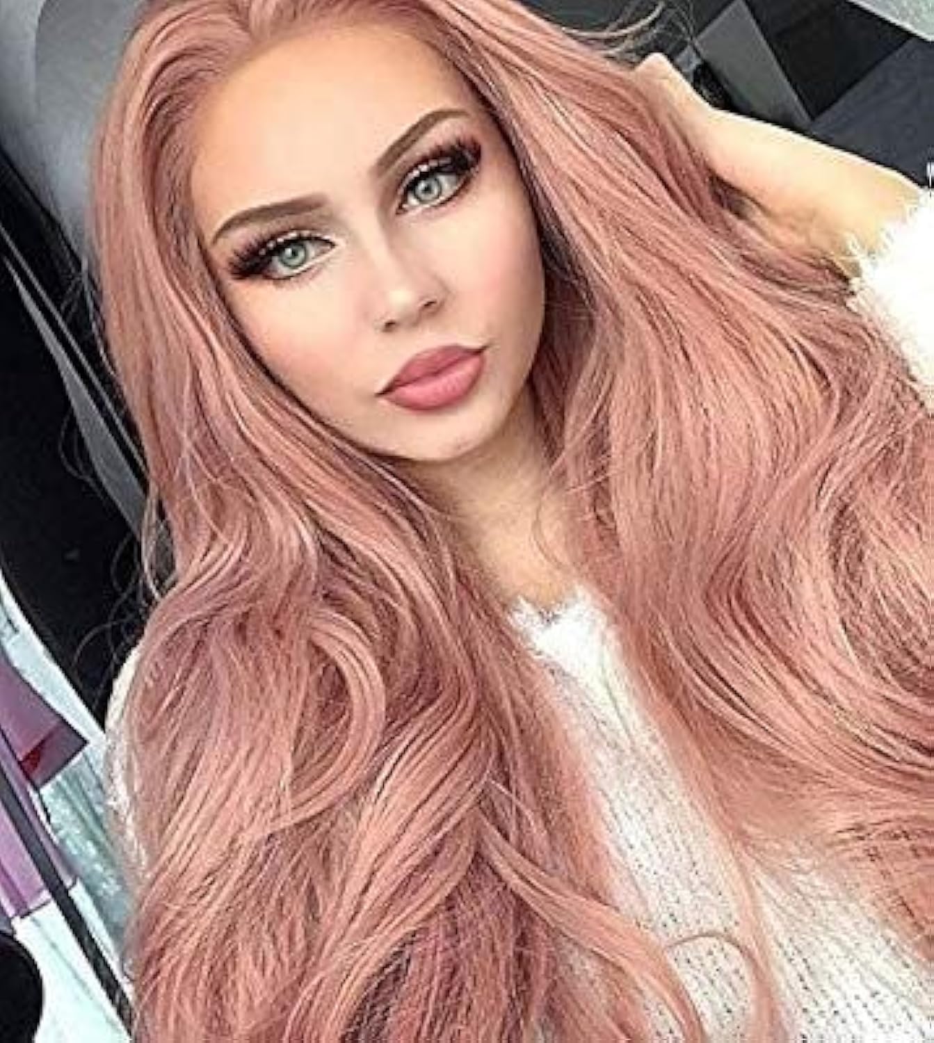 Pink Lace Front Wigs for Women Long Wavy Rose Gold Pink Wigs Wonder Girl Peach Pink Syntehtic Hair Wig High Temperature Fiber Hair Replacement Wigs Cosplay Drag Halloween Wig 24 Inch