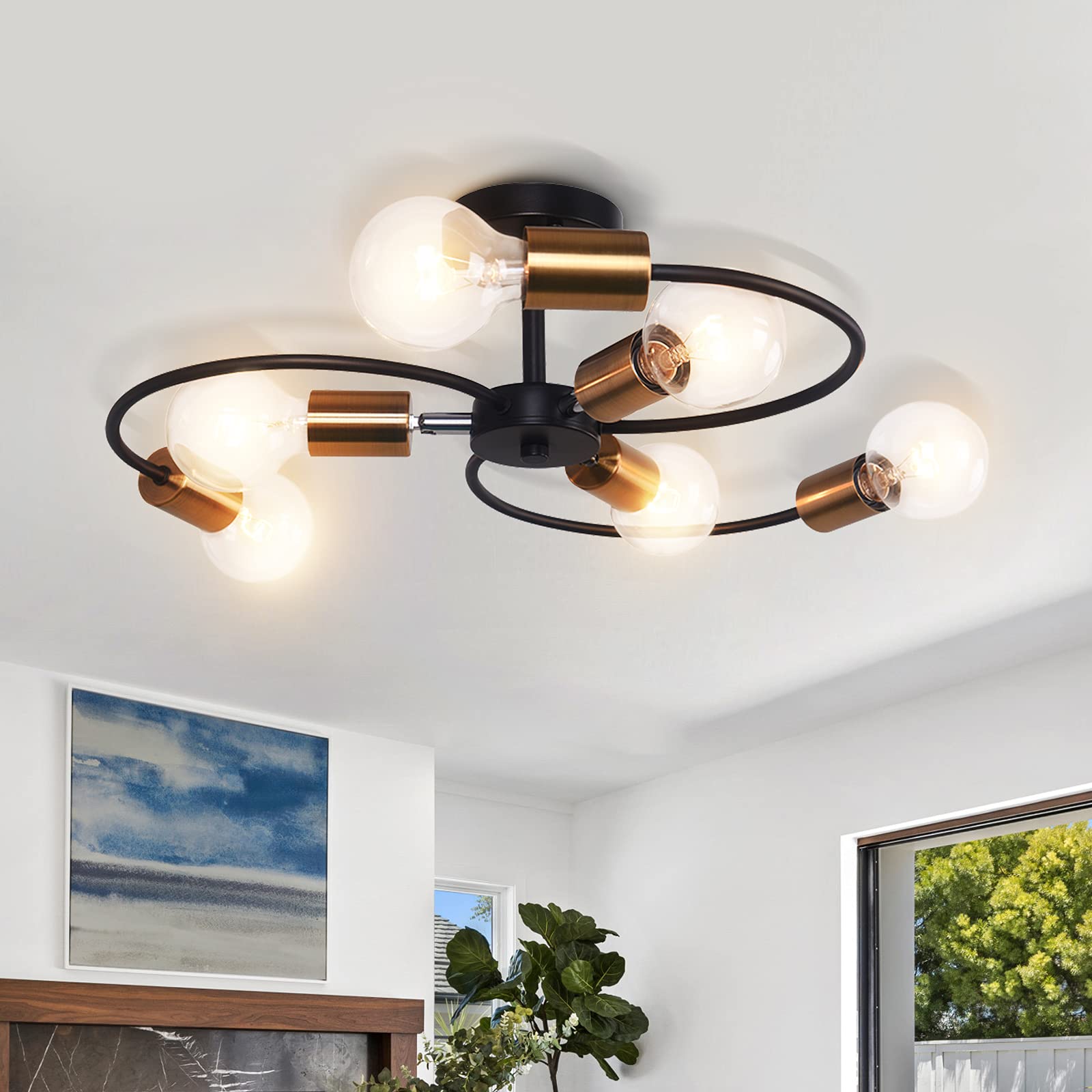 OYIPRO Semi Flush Ceiling Light Fitting, 6-Lights Ceiling Lamp, Modern Chandelier, E27 Socket Black Gold Metal Lamps, for Living Room, Bedroom, Kitchen