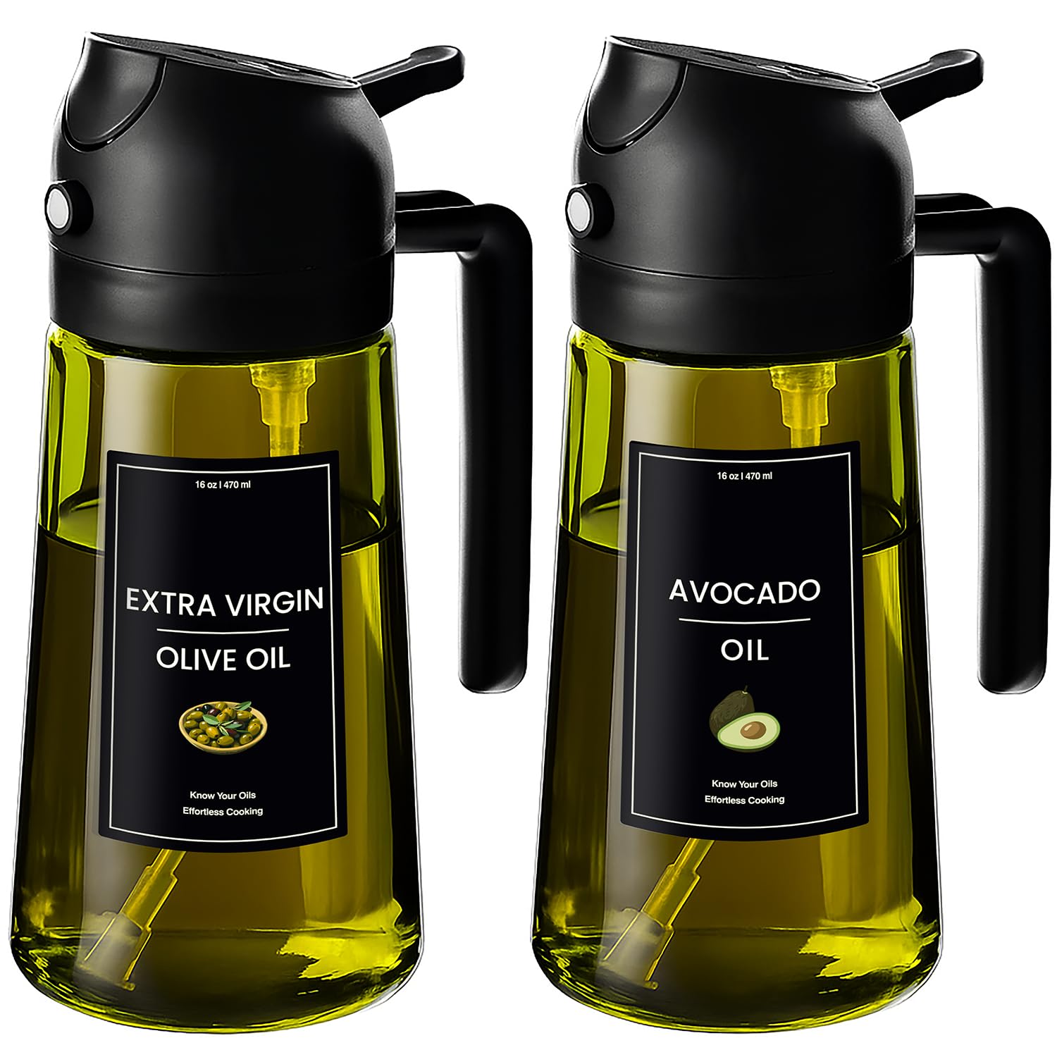 Photo 1 of ***MISSING ONW***CXINYI - 16oz/470ml Olive Oil Dispenser for Kitchen with Stickers - 2 in 1 Olive Oil Sprayer for Cooking, Air Fryer, and Salad, 2 Black (Light-Proof Kitchen Gadget)