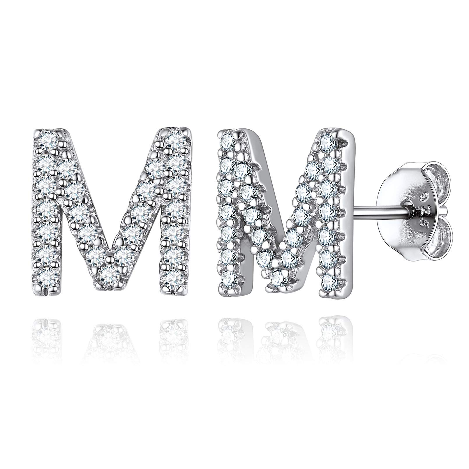 ChicSilver CZ Simulated Diamond Letter M Stud Earrings Sterling Silver Tiny Earring Name Jewelry Delicate Initial Studs for Women