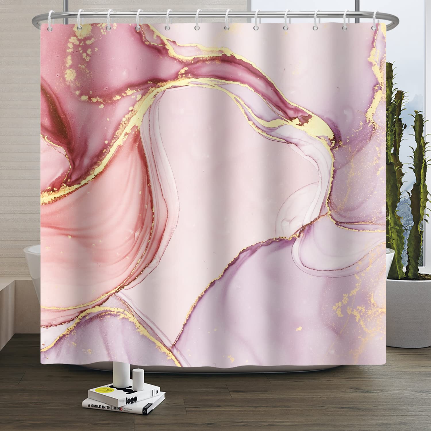 SDOTPMT 152x183cm Marble Shower Curtain Mixed Pink Purple Luxury Texture Golden Powder Bath Curtain Abstract Smooth Swirl Bathtub Curtain for Bathroom Fabric Polyester Waterproof with Hooks