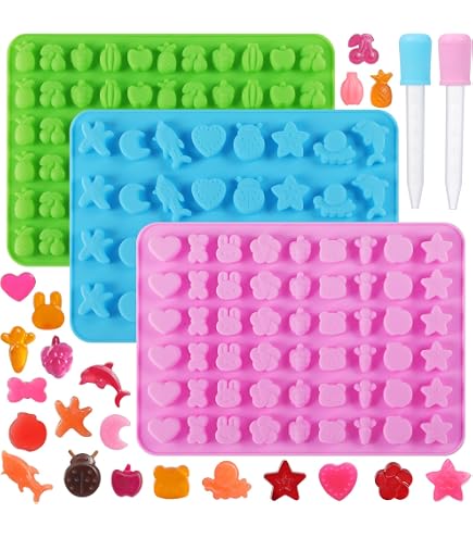 Détails du Moules à bonbons en silicone en forme d'ourson, avec 2 compte- gouttes, antiadhésifs, comprenant un mini dinosaure, un ourson, des cœurs et un mini beignet, lot de 4