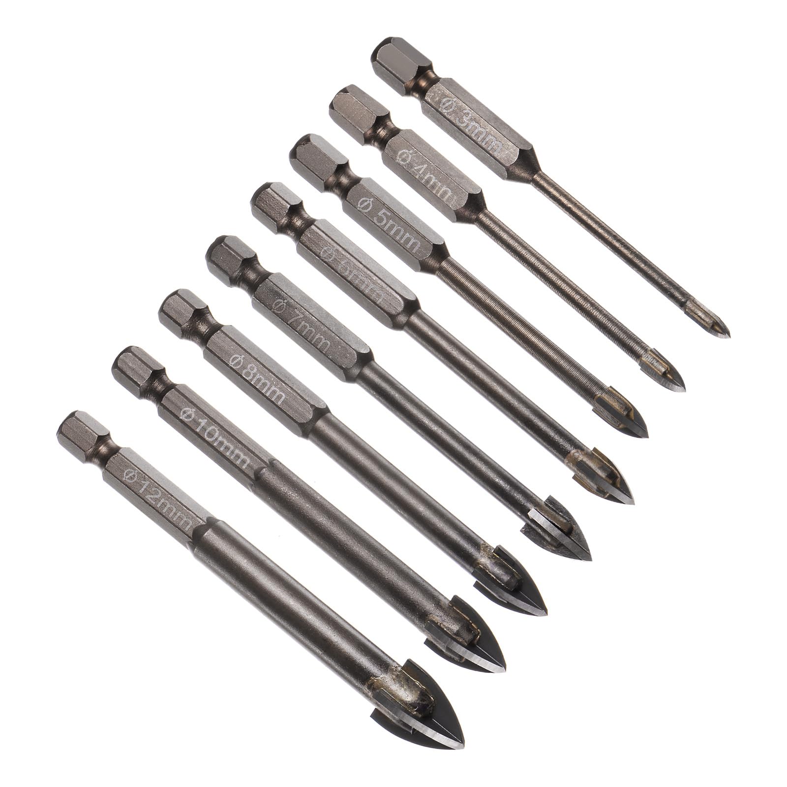 CoCud Titanium Masonry Drill Bit, 3-12mm Cutting Dia 74-85mm Length 1/4" Hex Shank Carbide Cross Tip Concrete Drill Bits Yellow - (Applications: for Wood Glass Brick Cement), 8-Pieces