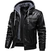 HOOD CREW Men Faux Leather Jacket with Detachable Hood | Motorcycle Biker Coats, Leather Bomber Aviator, Multi-Pockets, Windproof, Autumn Winter Outerwear