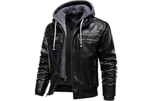HOOD CREW Men's Zipper PU Faux Leather Motorcycle Jacket Coat with Removable Hood
