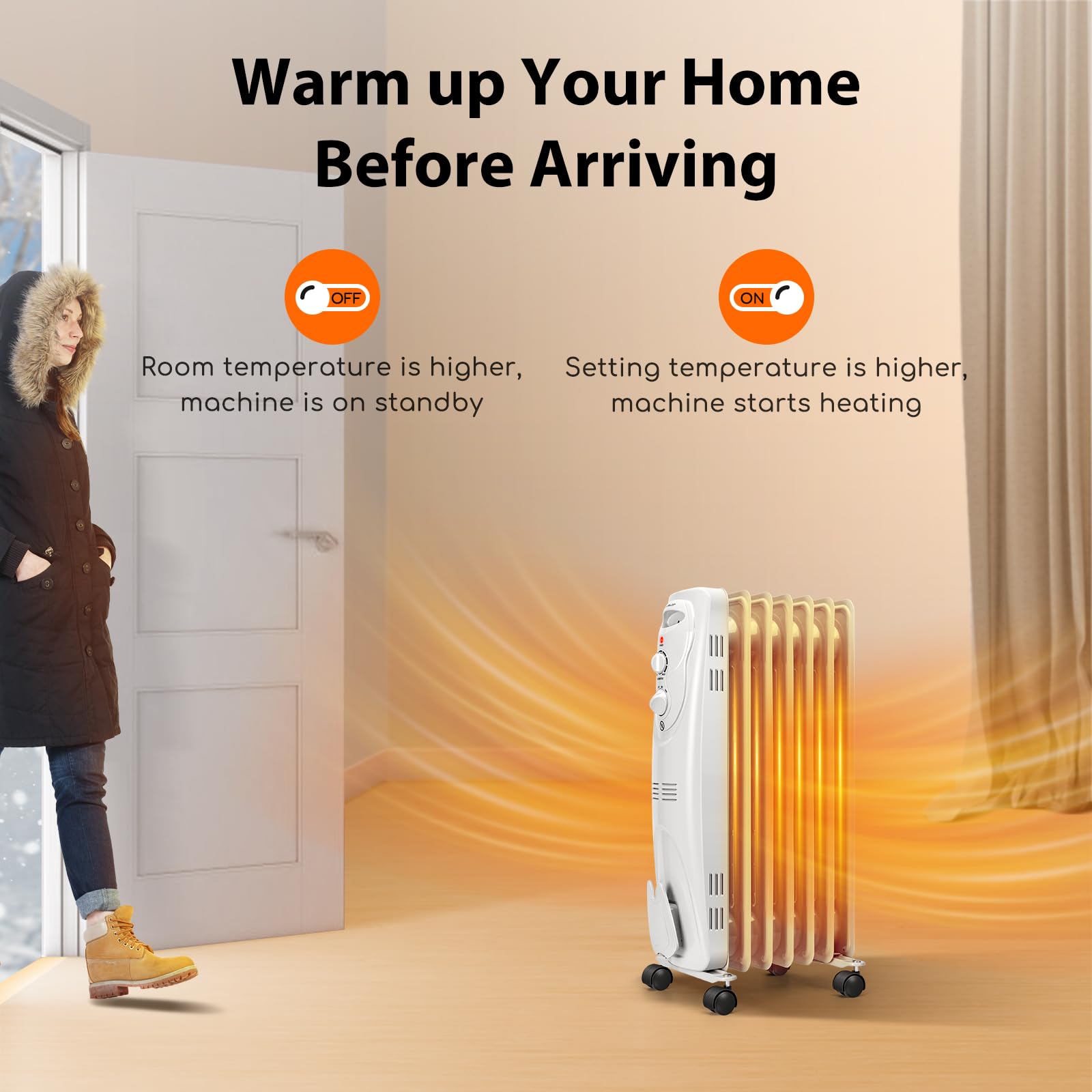 Aigostar 1500W Oil Heater 7-Fin Safe Heat, 3 Heat Setting Space Heater Adjustable Thermostat, Overheat & Tip-Over Protection, Heat Up 250 Square Feet, Quiet Oil Filled Radiator Heater for Indoor Use
