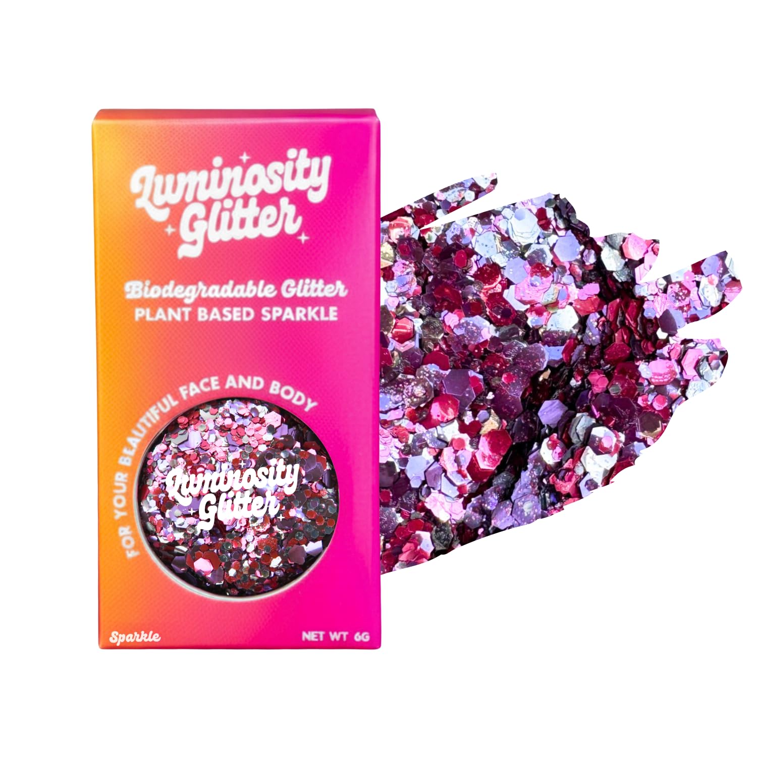 Luminosity Glitter Sweetheart Eco Pink Biodegradable Festival Glitter - Face and Body Makeup - Pink & Purple - 6g Vegan Glitter Pot