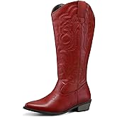 mysoft Women's Wide Calf Cowboy Boots Pull on Cowgirl Embroidered Mid Calf Pointed Toe Chunky Heel Western Boots