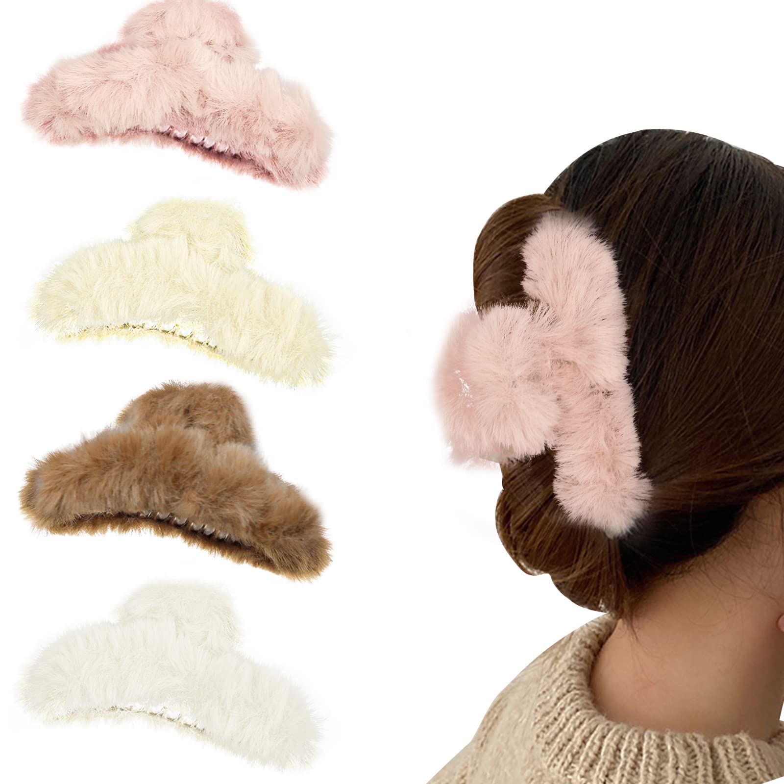HINGTAI 4pcs Fuzzy Hair Claw Clip for Winter, Faux Fur Claw Clips for Thick & Thin Hair