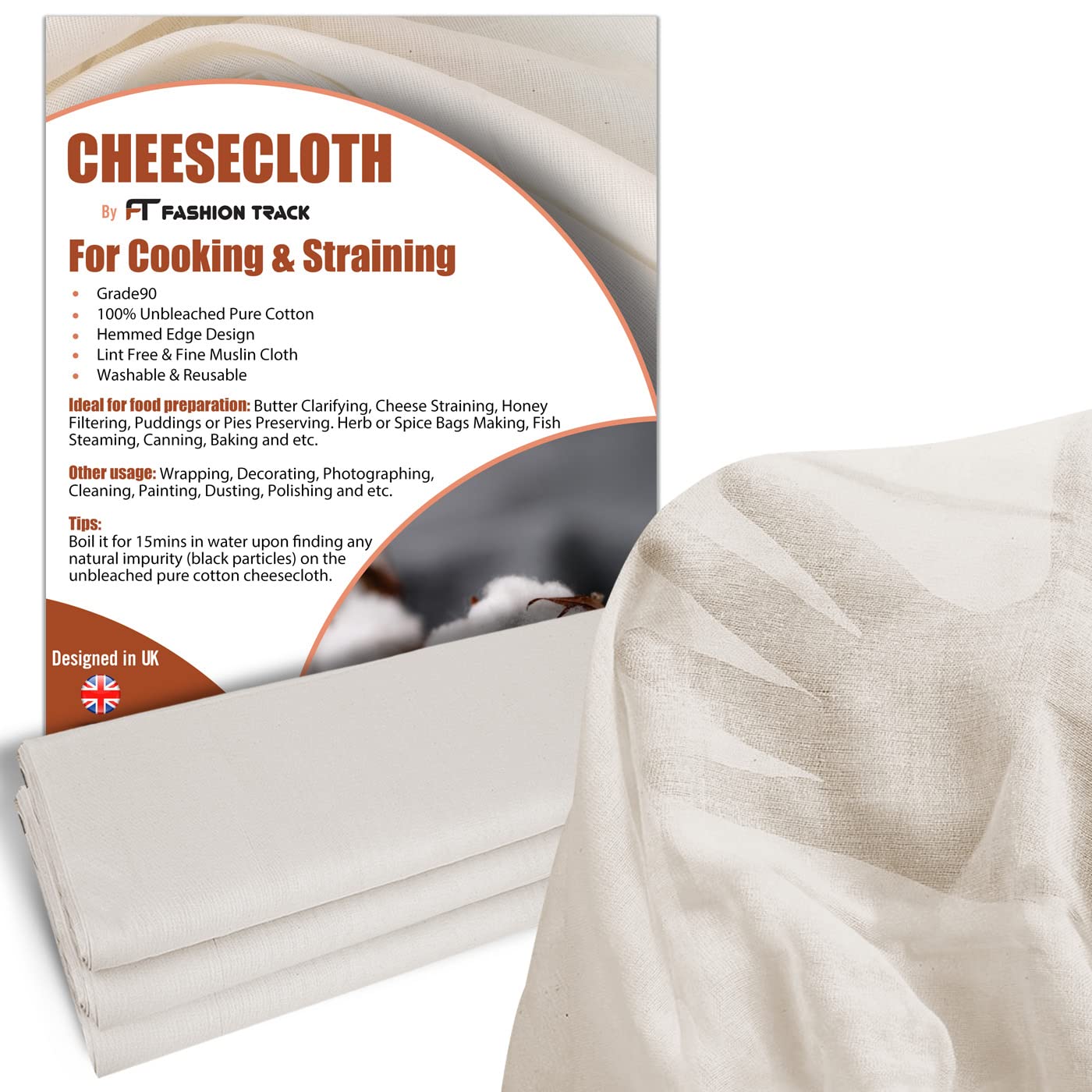 Muslin Cloths for Cooking, Cheese Cloths for Straining (Large Cut 140cm x 300cm) - Grade 90 Unbleached 100% Cotton Reusable Fabric for Baking, Filtering & Embroidery by FT Fashion Track