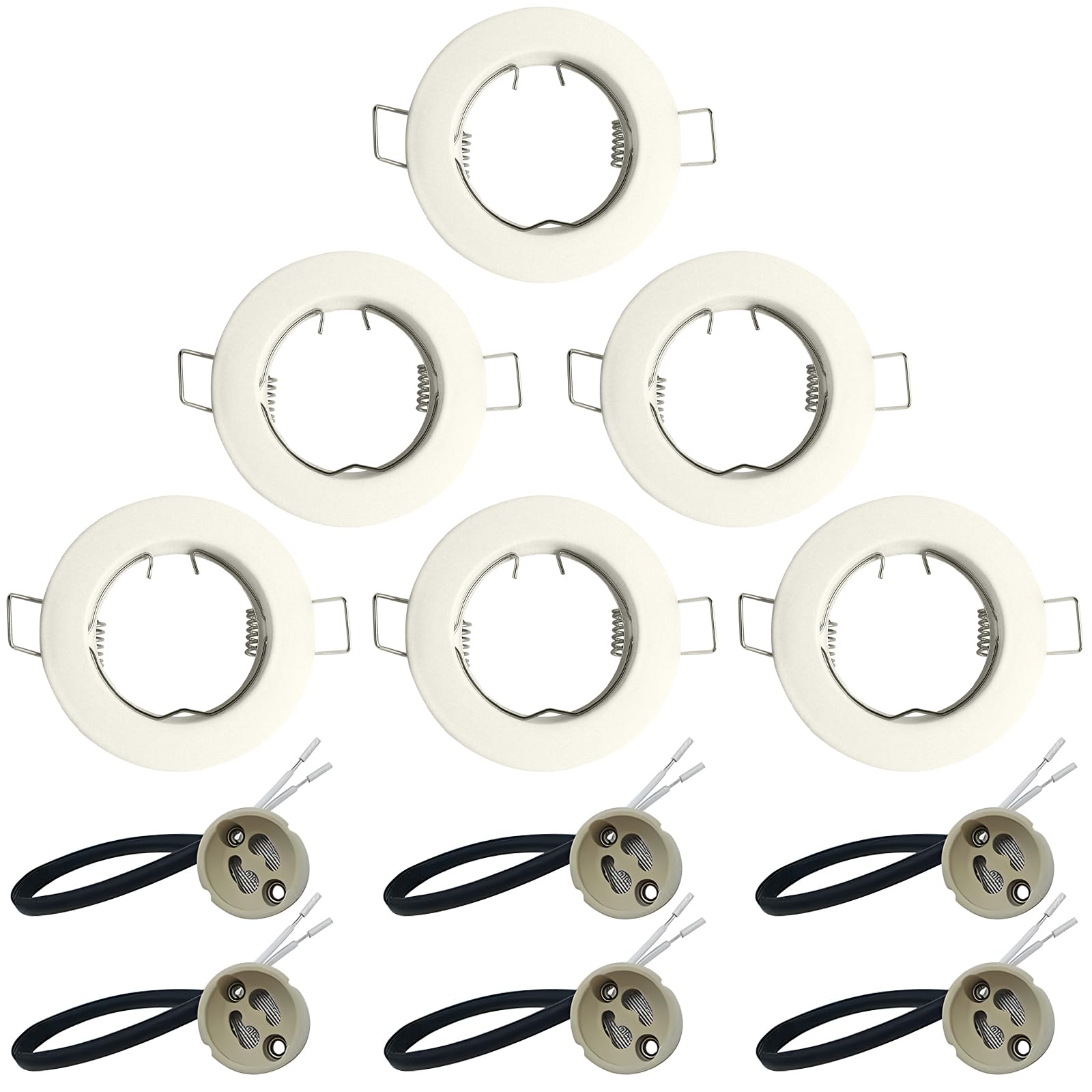 KingYH 6 Pack Round Recessed Spotlights Aluminum Downlight Bezel Trim Ring Fitting GU10 Light Mounting Frame with GU10 Lamp Holder for Ceiling Spotlight MR16 and 50mm Bulb Halogen Light Fitting White