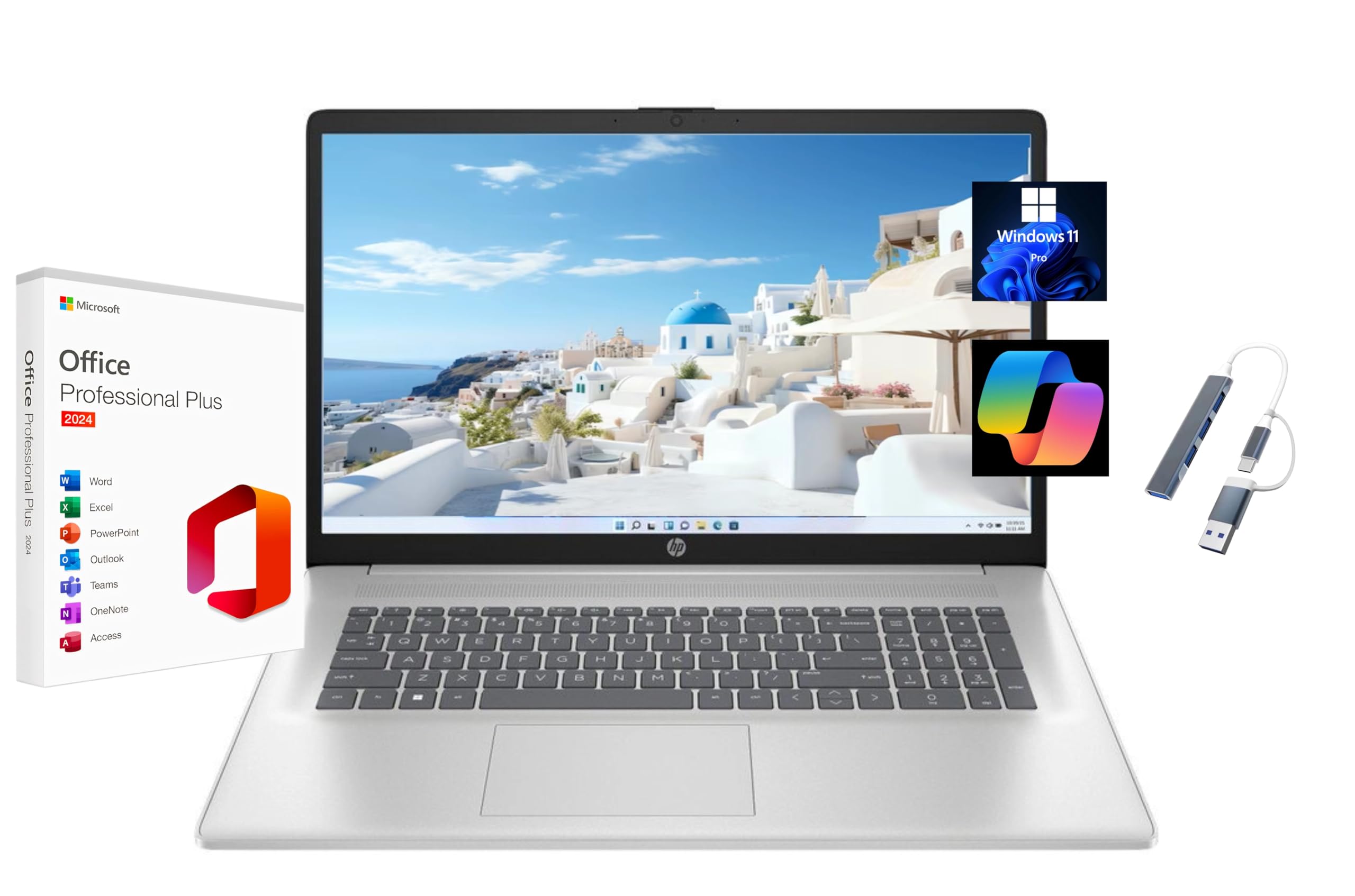 HP 17.3" Full HD Laptop, with Free Lifetime Microsoft Office 2024, Intel Core i7-1355U, 16GB RAM, 512GB SSD, Intel Iris Xe Graphics, Windows 11 Pro, Natural Silver, Wi-Fi 6, Copilot, with USB Hub