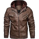 HOOD CREW Men’s Casual Stand Collar PU Faux Leather Zip-Up Motorcycle Bomber Jacket With a Removable Hood