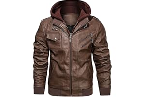 HOOD CREW Men’s Casual Stand Collar PU Faux Leather Zip-Up Motorcycle Bomber Jacket With a Removable Hood